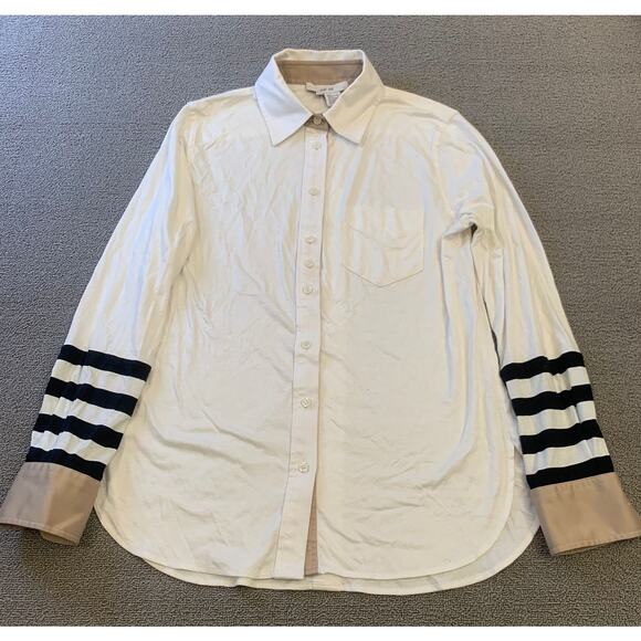 Per Se White Black Striped Button Down Shirt Women 8 - Picture 1 of 12